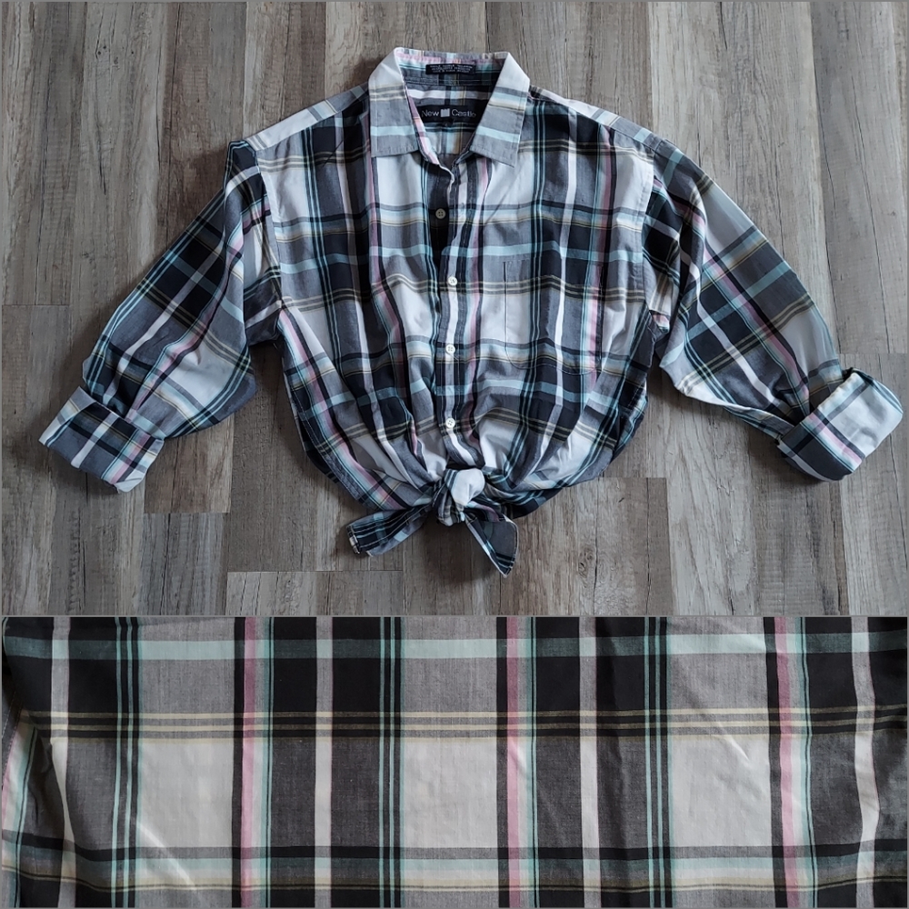 VINTAGE Pastel Plaid Button Up Shirt Large XL New Castle Poplin Oversized